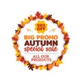 50% off big promo autumn special sale badge with autumn fall dry leaf frame vector illustration. element for online shop web, bann