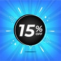 15 off. Blue banner with fifteen percent discount on a black balloon for mega big sales.