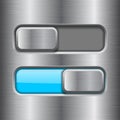 On and Off blue slider buttons. Metal switch interface buttons on iron background