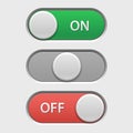 On off button. User interface switch for adjustment menu in on, neutral, and off option positions, modern web and phone Royalty Free Stock Photo