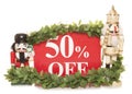 50% off christmas sale sign and nutcracker ornaments Royalty Free Stock Photo