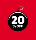 20% OFF. Discount Offer Price Illustration. Black Ball Bomb with White Number.