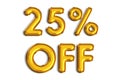 25% off discount promotion sale made of realistic 3d gold helium balloons. Illustration of golden percent symbol for selling