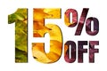 15% off discount promotion sale poster, ads. Autumn sale banner with green, yellow and red leaves on white background. Royalty Free Stock Photo