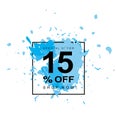 15% OFF. Discount Vector Symbol. Blue Abstract Spash in a Black Square Frame.