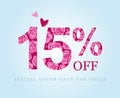 15 off. Fifteen percent discount. Pink roses, promo