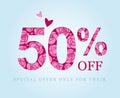 50 off. Fifty percent discount. Pink roses. Sale Royalty Free Stock Photo