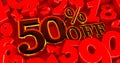 50% Off. golden fifty percent off on a red numbers background