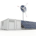 Off-grid power solution with solar panels wind turbine and modular containerized unit Royalty Free Stock Photo