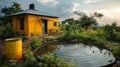 off-grid water system, off-grid community uses rainwater collection system for everyday water needs, ensuring