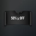 50% off, half price discount, black realistic ribbon, advertisement, big sale, vector illustration