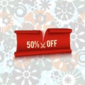 50% off, half price discount, red realistic ribbon, advertisement, big sale, vector illustration Royalty Free Stock Photo