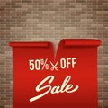 50% off, half price discount, red realistic ribbon, advertisement, big sale, vector illustration Royalty Free Stock Photo