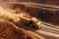 Off-highway truck at work in a large mining area. panoramic top view, Generative AI