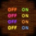 On and Off Lamp Neon Light Toggle Switch Sign. Colorful Fluorescent Buttons
