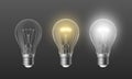 On off light bulb. Realistic retro incandescent lamp glowing withe and yellow light on transparent background. Vector idea and