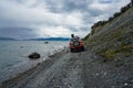 Off road adventure journey at Fagnano Lake by 4x4 car in Argentinian Patagonia