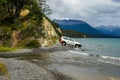 Off road adventure journey at Fagnano Lake by 4x4 car in Argentinian Patagonia