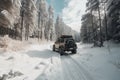 off-road adventure in the snow, with freshly fallen flake and tracks in the background Royalty Free Stock Photo