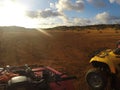 Off road ATV in beautiful land landscape with blue sky. Extreme sport with incredible places Royalty Free Stock Photo