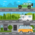 Off road car, camper van and retro bus on highway Royalty Free Stock Photo