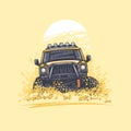 Off-road car in the desert hills has raised dust. Illustration in vector graphics