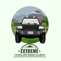 Off-road car or expedition offroader with mountain and forest nature background for round or circle label badge. Vector Royalty Free Stock Photo