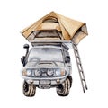 Off road car with roof top tent and ladder. Hand drawn element for adventure, tourism, touring, outdoors, off-roading, 4x4, Royalty Free Stock Photo