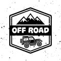 Off-road extreme club vector monochrome vintage emblem with car and mountains isolated on white background