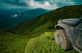 Off-road Jeep car on bad gravel road. Off-road travel on mountain. Offroad car on bad road. Royalty Free Stock Photo