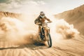 Off-Road Motorbike in dust cloud with sand cloud on background. Biker rider in action. Generative AI