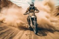 Off-Road Motorbike in dust cloud with sand cloud on background. Biker rider in action. Generative AI