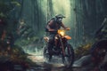 Off-Road Motorbike in mud cloud with forest on background. Biker rider in action. Generative AI