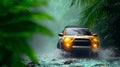Off road orange SUV driving through water splash in dense green jungle with mist and tropical leaves Royalty Free Stock Photo