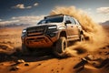 Off-road rally in the desert in a four-wheel drive SUV, AI Generated Royalty Free Stock Photo