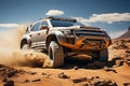 Off-road rally in the desert in a four-wheel drive SUV, AI Generated Royalty Free Stock Photo