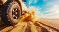Off road safari SUV blurs wheels as adventure beckons in desert under blue sky, Ai Generated