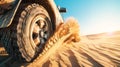 Off road safari SUV blurs wheels as adventure beckons in desert under blue sky, Ai Generated