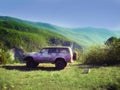 Off road standing mountains in the background. The real car drove into the hills. Dirty auto on a background of green landscape Royalty Free Stock Photo