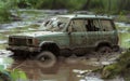 An off-road SUV vehicle finds itself stuck in a challenging muddy terrain, highlighting the unpredictability of nature.