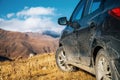 Off-road travel on car on mountain road in Caucasus, Georgia. Royalty Free Stock Photo