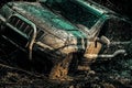 Off-road travel on mountain road. Off road sport truck between mountains landscape. Jeep crashed into a puddle and Royalty Free Stock Photo