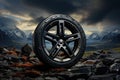 Off road treaded car wheel on top of mountain with beautiful scenery, Ai Royalty Free Stock Photo