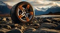 Off road treaded car wheel on top of mountain with beautiful scenery, Ai Royalty Free Stock Photo