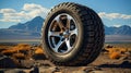 Off road treaded car wheel on top of mountain with beautiful scenery, Ai Royalty Free Stock Photo