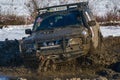 Off-road vehicle brand Nissan overcomes the track Royalty Free Stock Photo