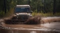 Off road vehicle coming out of a mud hole hazard,mud and water splash in off-road racing. Generative Ai Royalty Free Stock Photo