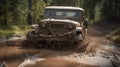 Off road vehicle coming out of a mud hole hazard,mud and water splash in off-road racing. Generative Ai Royalty Free Stock Photo