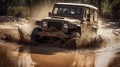 Off road vehicle coming out of a mud hole hazard,mud and water splash in off-road racing. Generative Ai Royalty Free Stock Photo