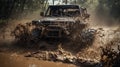 Off road vehicle coming out of a mud hole hazard,mud and water splash in off-road racing. Generative Ai Royalty Free Stock Photo